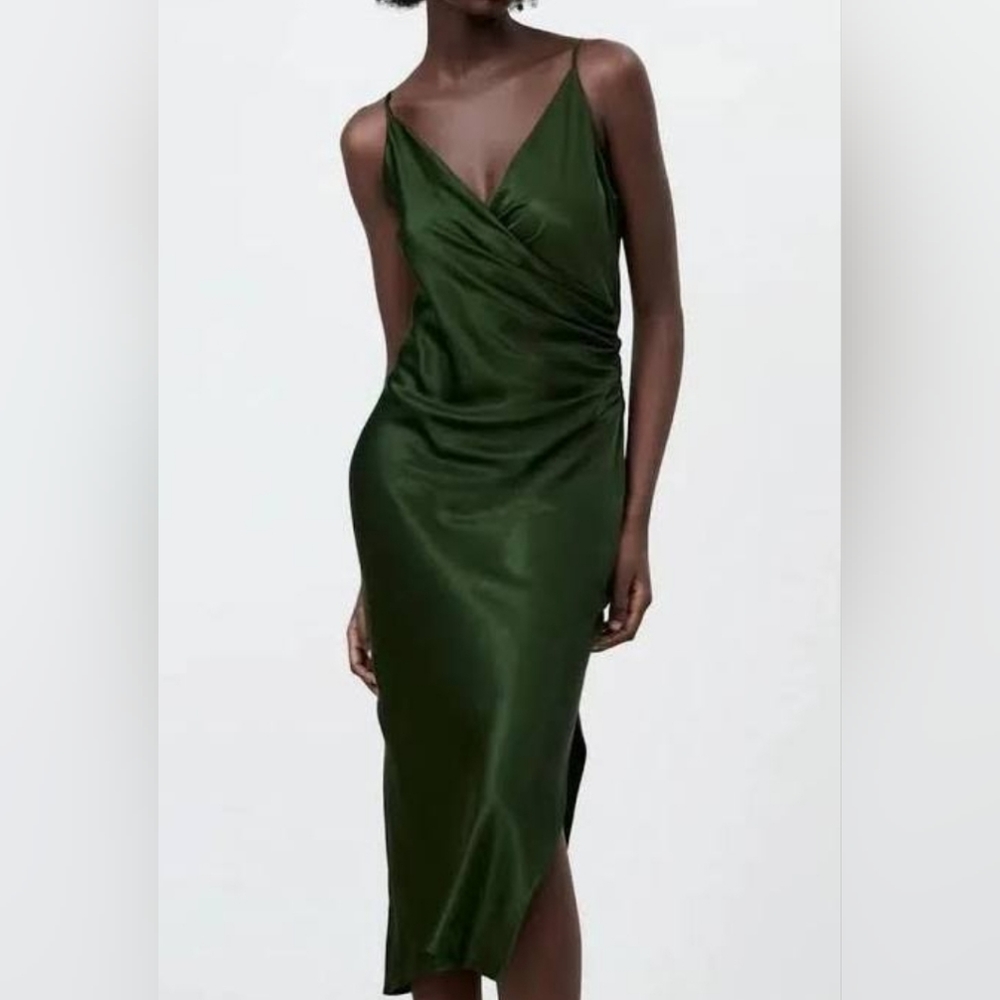 Zara Satin Effect Slip Dress Dark Green L